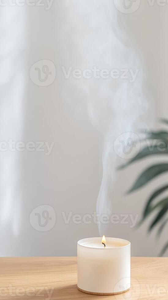 Elegant White Scented Candle with Dancing Flame and Rising Smoke on a Warm Wooden Surface, Perfect for Tranquil Home Decor and Relaxation. photo