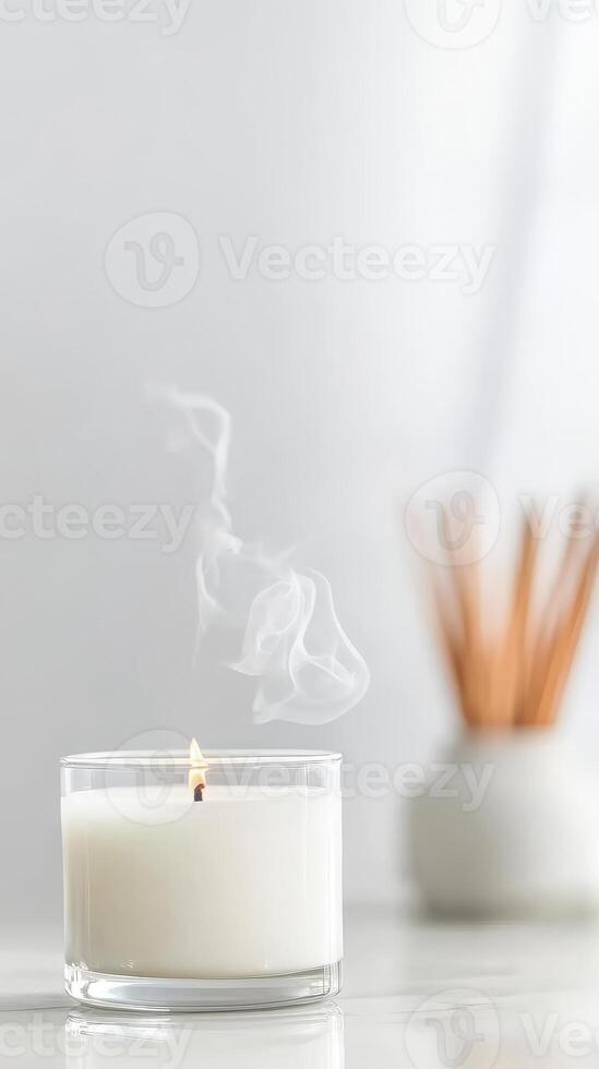 Elegant White Scented Candle with Whispering Smoke, Creating a Serene Ambiance for Relaxation and Peaceful Home Decor. Minimalist Design. photo