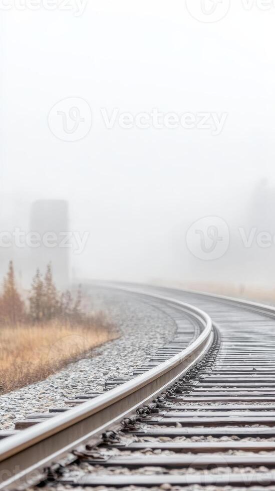 Mysterious Foggy Railway Tracks Vanishing into the Horizon An Atmospheric Journey Through a Serene, Hazy Landscape of Solitude and Endless Possibilities photo