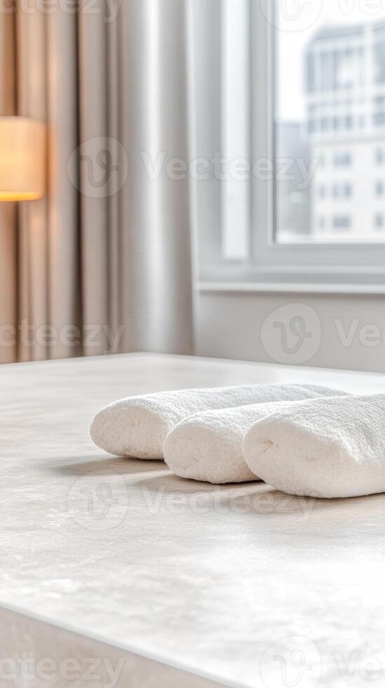 Serene Hotel Room Ambiance Crisp White Rolled Towels on a Pristine Surface, Bathed in Soft Natural Light by a Window, Evoking Calm and Comfort photo