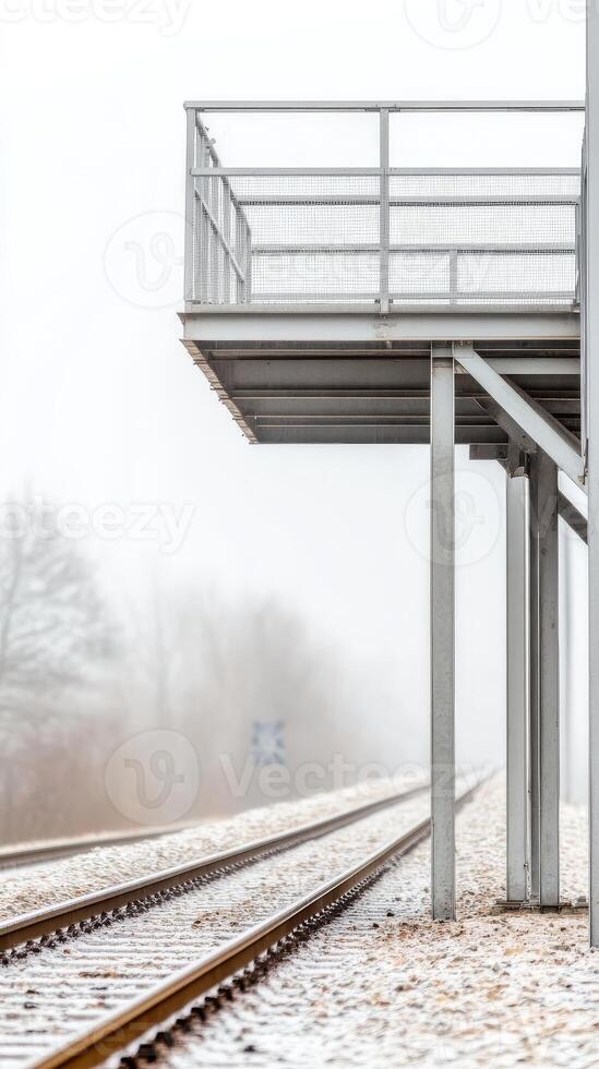 Winter's Embrace Snowy Train Tracks and an Industrial Metal Platform Disappear into the Fog. A Cold, Serene Landscape of Rail Transport. photo