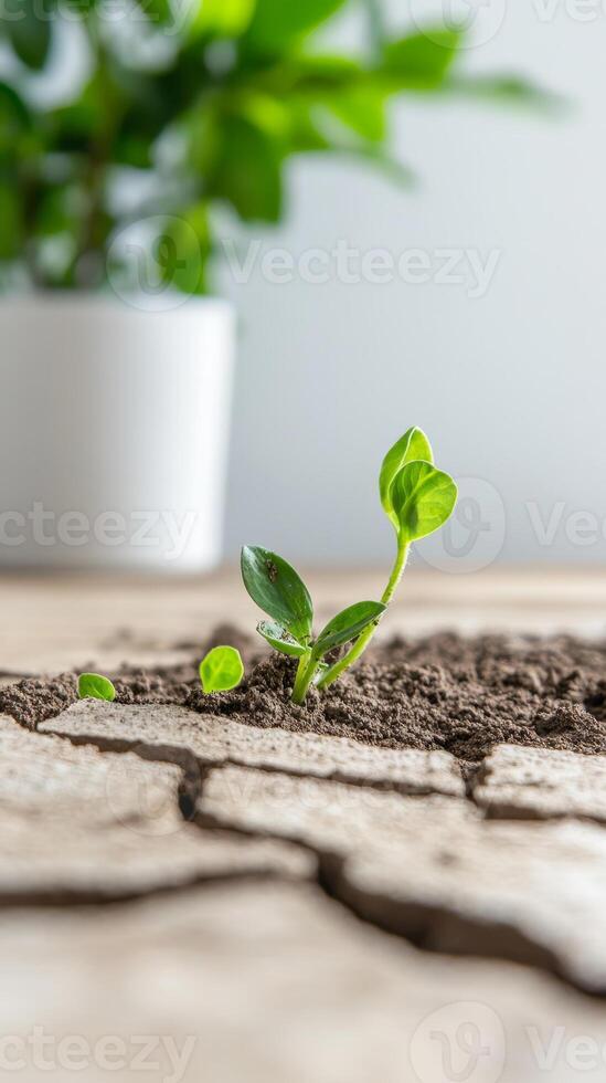 A vibrant green sprout courageously pushes through parched, cracked earth, a powerful emblem of enduring life, resilience, and hope amidst environmental challenges. photo