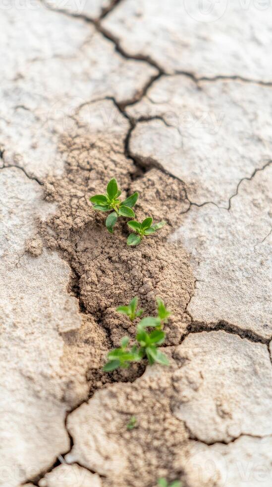 Resilient Green Sprouts Emerge from Cracked, Arid Earth, Symbolizing Hope and New Life Amidst Drought Conditions in a Fragile Ecosystem. photo