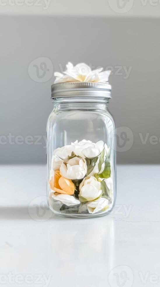 Elegant white and soft orange faux flowers beautifully arranged in a clear glass mason jar, creating a serene and minimalist home decor accent. photo
