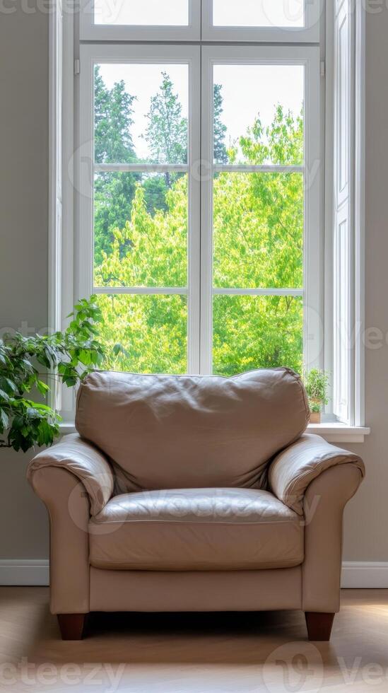 A serene and inviting living space featuring a plush armchair bathed in natural sunlight, offering a tranquil view of vibrant green trees outside a large window. photo