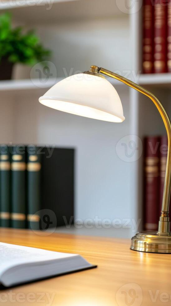 Warm Glow of a Classic Brass Desk Lamp Illuminating an Open Book on a Wooden Table in a Cozy Home Library Setting with Bookshelves photo