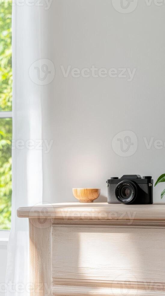 Aesthetic Still Life Classic Camera and Wooden Bowl on a Minimalist Tabletop, Bathed in Soft Morning Light for Serene Lifestyle Photography. photo