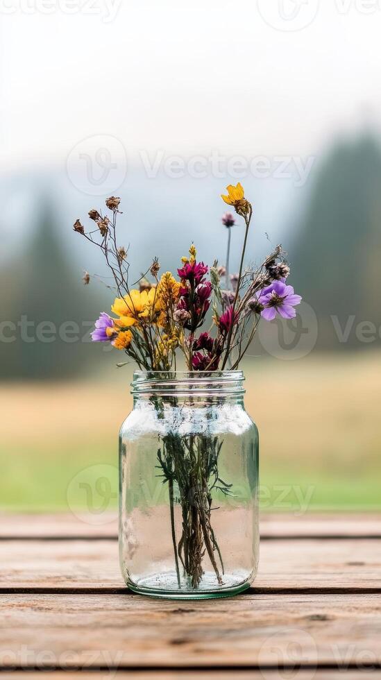 Vibrant Wildflower Bouquet in a Clear Glass Jar on a Rustic Wooden Table, Capturing the Serene Beauty of Nature's Simple Elegance and Organic Charm. photo