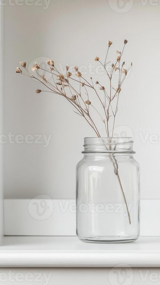 A captivating still life of delicate dried flowers in a clear glass vase, embodying minimalist elegance and natural serenity for modern home decor. photo