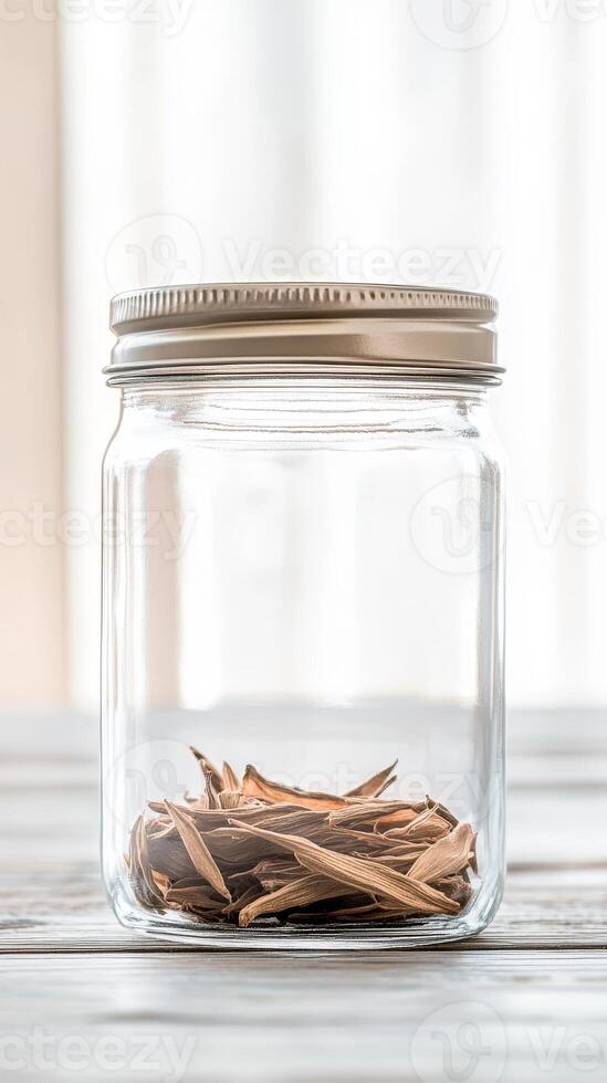 Elegant glass jar filled with delicate dried botanical elements, showcasing natural textures and warm earthy tones in a sunlit, minimalist setting. photo
