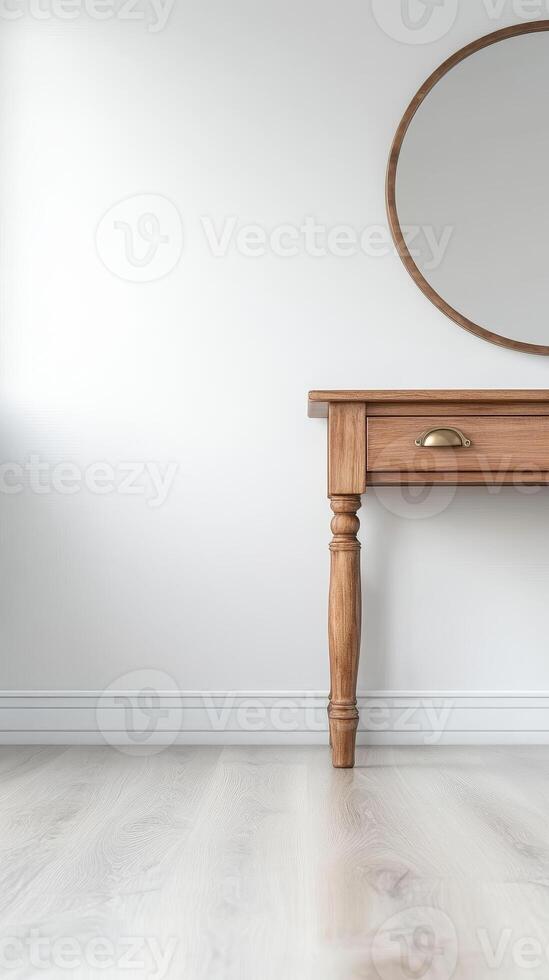 Elegant Wooden Console Table with Round Mirror in a Minimalist White Interior, Capturing Serene Home Decor and Modern Design Aesthetics photo