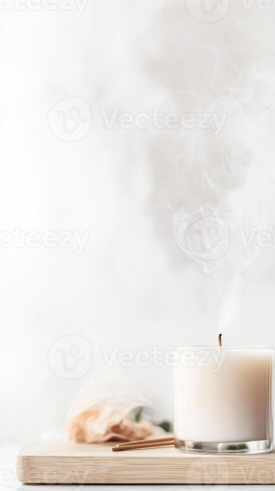 Serene White Candle with Wisps of Smoke on a Wooden Board, Evoking a Calm and Peaceful Ambiance for Relaxation and Wellness photo