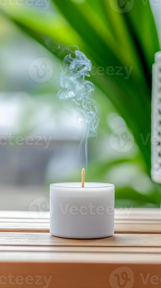 Captivating white candle with ethereal smoke wisps, creating a serene and tranquil atmosphere for ultimate relaxation and peaceful home decor. photo