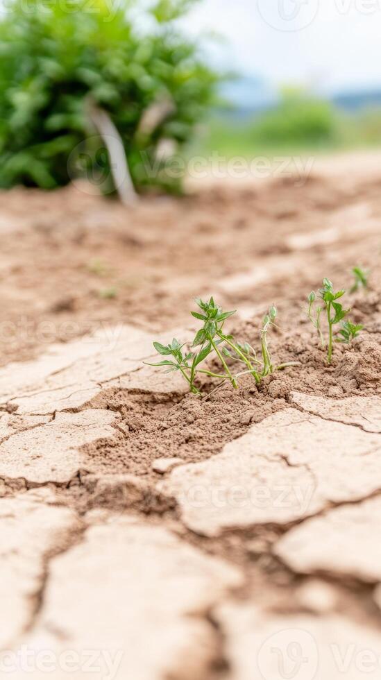 Resilient green sprouts push through dry, cracked earth, a powerful symbol of life's endurance and environmental hope amidst drought and challenging natural conditions. photo