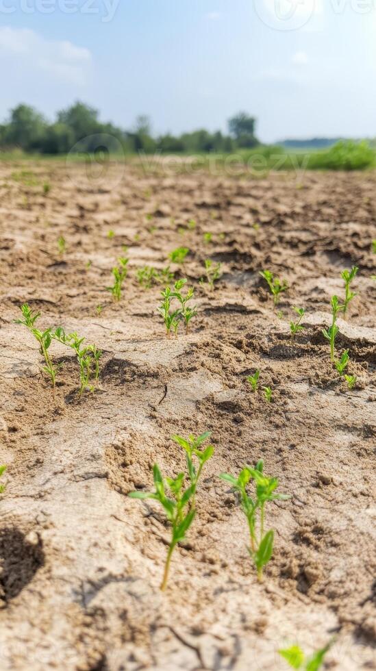 A tapestry of nascent green life unfurls across a sun-kissed, arid expanse, each delicate sprout a testament to nature's enduring resilience and the promise of growth. photo