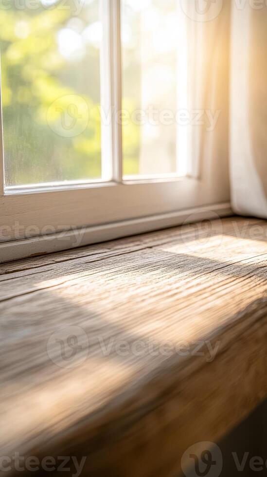 Golden Sunlight Bathes a Rustic Wooden Windowsill, Evoking a Serene and Warm Interior Ambiance in a Cozy Home Setting photo