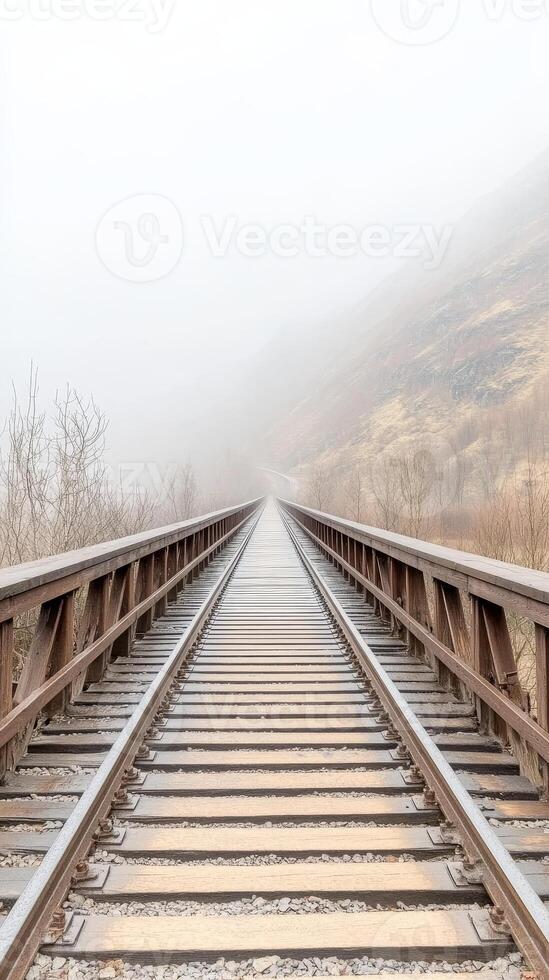 Misty railway bridge extends into the vanishing fog, a serene and atmospheric journey through a desolate mountain landscape. Captivating endless tracks. photo