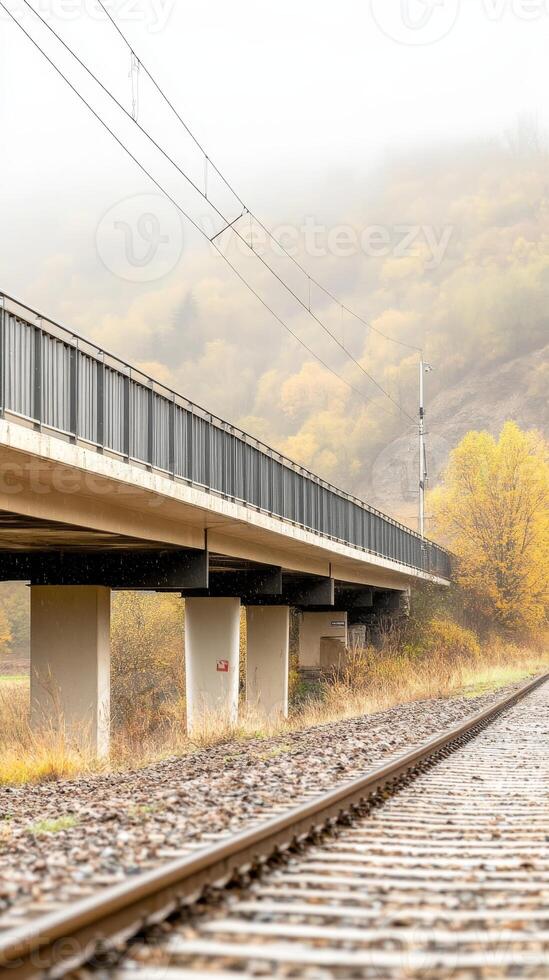 Misty Autumn Landscape A Concrete Railway Bridge Spans Over Tracks Amidst Golden Foliage and Hazy Hills, Evoking a Serene Journey. photo