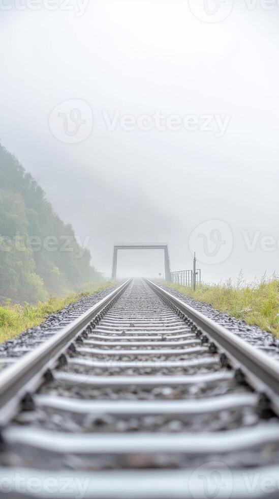 Enigmatic Railway Tracks Disappearing into Dense Fog, Leading to a Mysterious Bridge. A Serene Landscape Journey on a Misty Overcast Day. photo