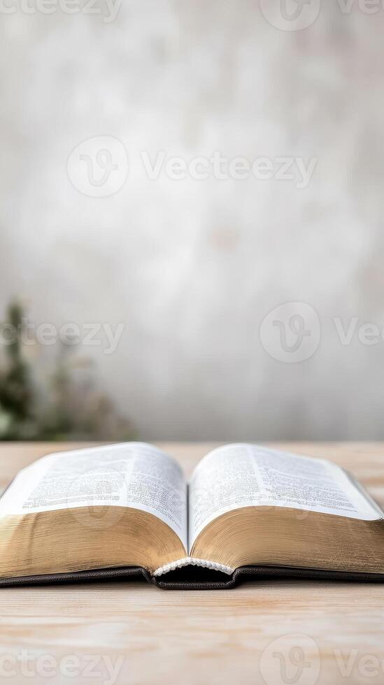 Open Holy Bible on a Rustic Wooden Table, Symbolizing Faith, Spiritual Guidance, and Devotion. A Timeless Sacred Text for Reflection and Study. photo