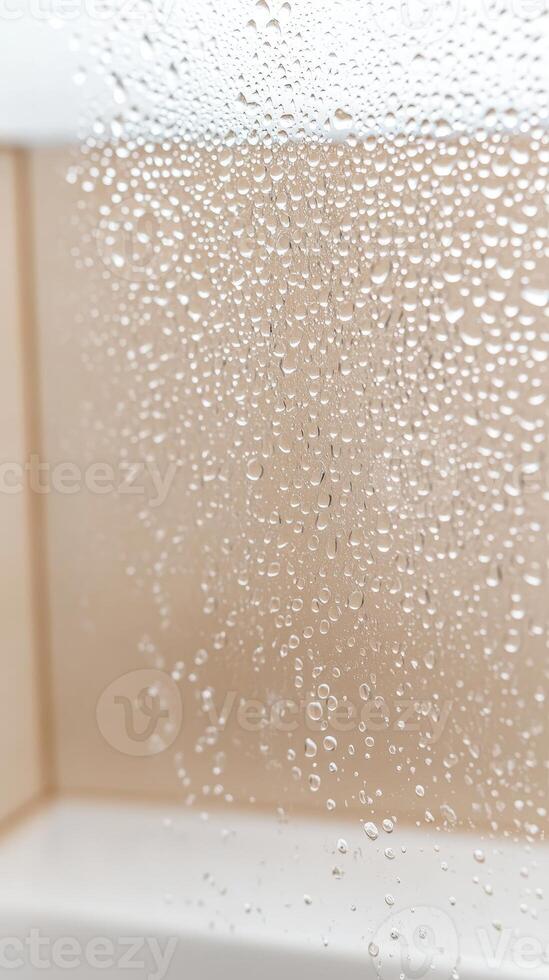 Captivating close-up of clear water droplets on a transparent glass surface, creating a serene and refreshing condensation texture, ideal for backgrounds. photo