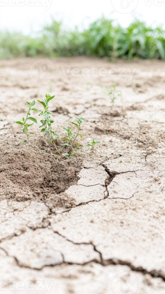 Vibrant Green Shoots Defy Arid Conditions New Life Emerges from Dry, Cracked Earth, a Symbol of Nature's Resilience and Hope in Challenging Environments photo