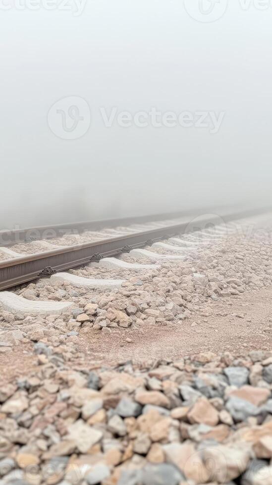 Mysterious train tracks disappear into a dense, ethereal fog, evoking a sense of tranquil solitude and an unknown journey ahead. A captivating, atmospheric landscape. photo