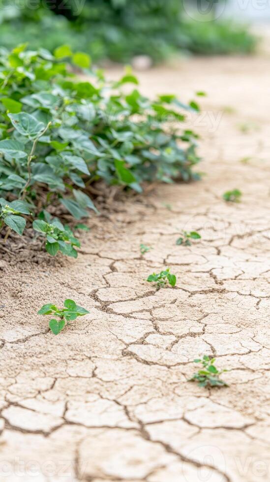 Cracked Earth and Resilient Green Sprouts A Visual Testament to Drought's Impact and Nature's Unyielding Hope Amidst Environmental Challenges photo