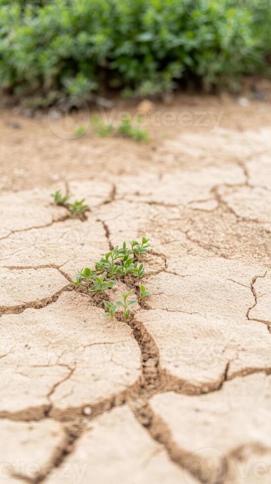 Vibrant Green Life Pushes Through Dry, Cracked Earth, Symbolizing Resilience and Hope in a Parched Landscape Amidst Environmental Challenges photo