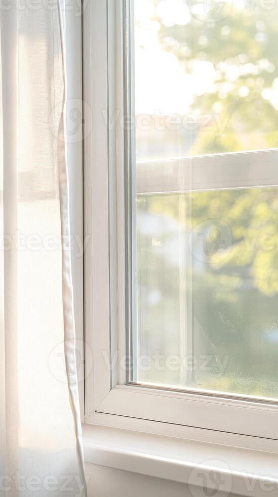 Tranquil Home Scene Elegant White Window with Sheer Curtains, Flooded with Warm Natural Light, Overlooking a Lush Green Landscape photo