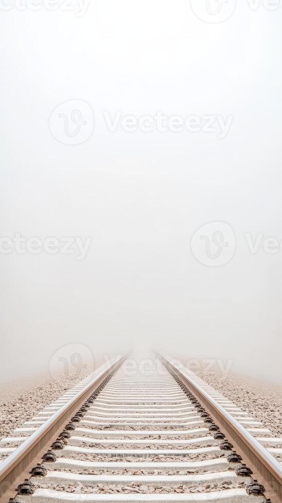 Ethereal Train Tracks Disappearing into Dense Fog A Journey into the Unknown, Evoking Serenity, Mystery, and Infinite Possibilities on the Horizon photo