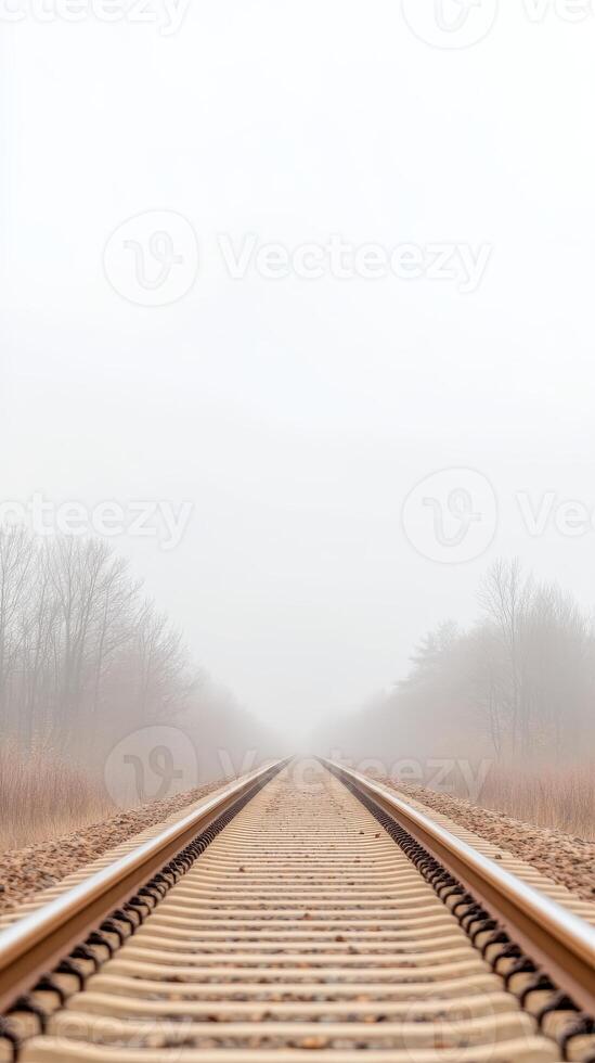 Misty Railway Tracks Disappearing into the Horizon A Serene Journey Through a Foggy Landscape, Evoking Tranquility and Endless Paths photo