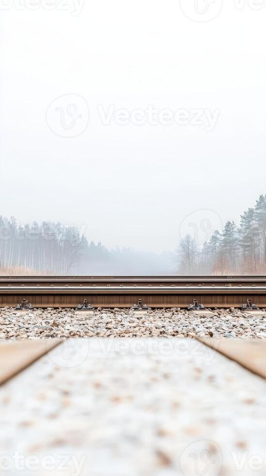 A serene and atmospheric view of railroad tracks disappearing into a misty forest, evoking a sense of quiet journey and natural solitude. photo