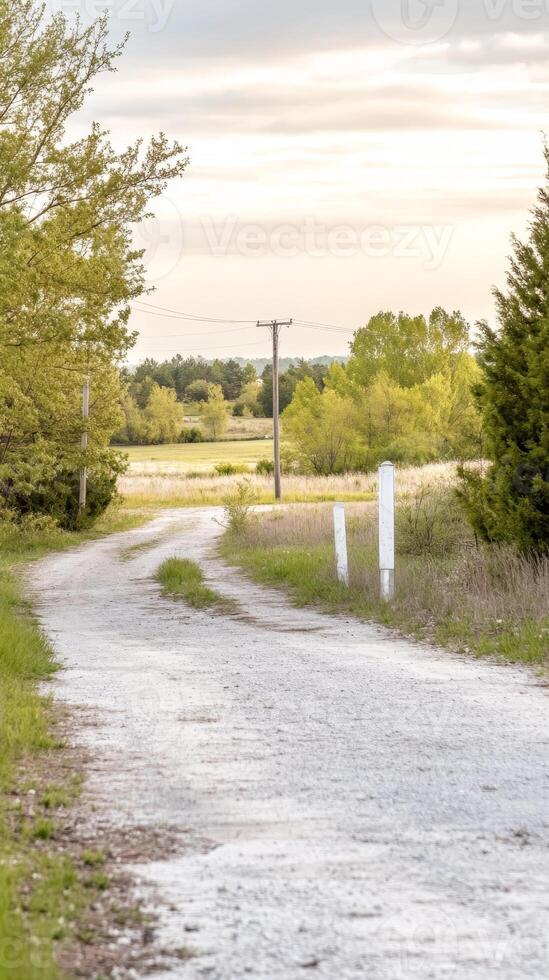 Serene Countryside Gravel Path Winding Through Lush Green Fields and Trees Under a Soft, Expansive Sky at Golden Hour, Evoking Tranquility and Rural Charm. photo