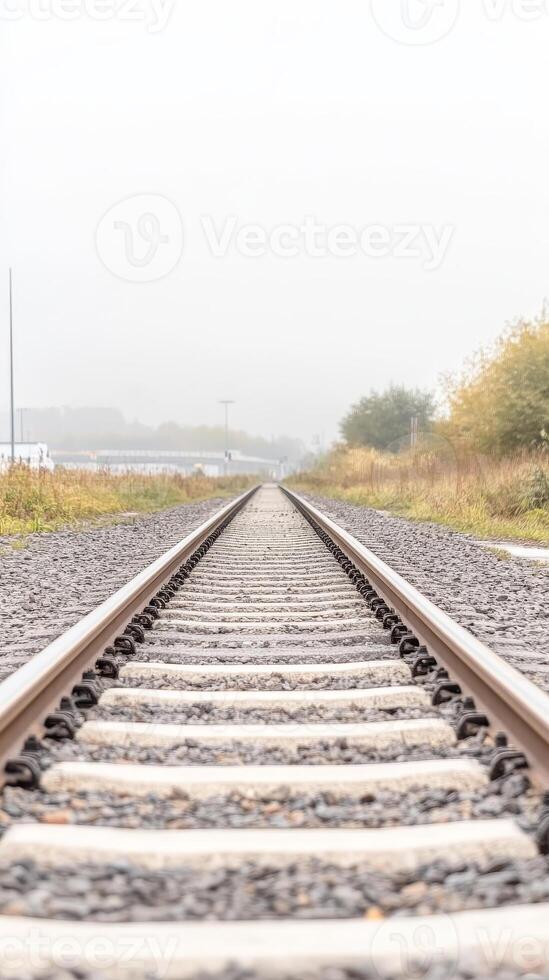 Endless Railway Tracks Disappearing into a Misty Horizon A Serene Journey Through Industrial Landscape and Foggy Skies, Symbolizing Paths and Future photo