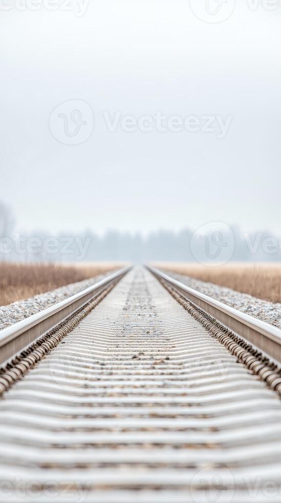 Captivating View Endless Railway Tracks Vanishing into a Misty Horizon, Evoking a Serene Journey Through a Vast Rural Landscape Under an Overcast Sky. photo