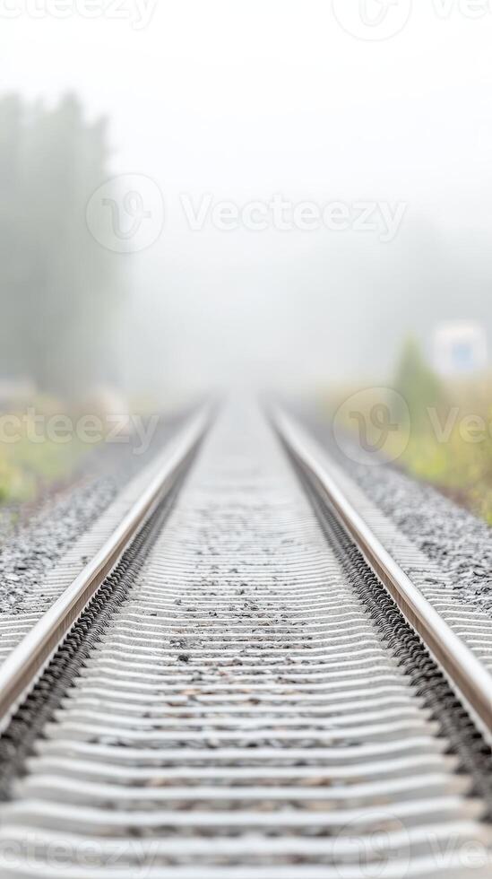 Enigmatic Railway Tracks Disappearing into Dense Fog, Evoking a Sense of Mysterious Journey and Vanishing Horizons in a Serene Landscape photo