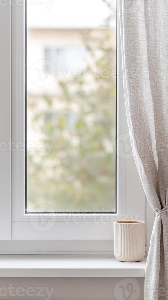 Serene home interior with a bright window, sheer curtain, and minimalist plant pot on a clean windowsill, inviting natural light and calm. photo