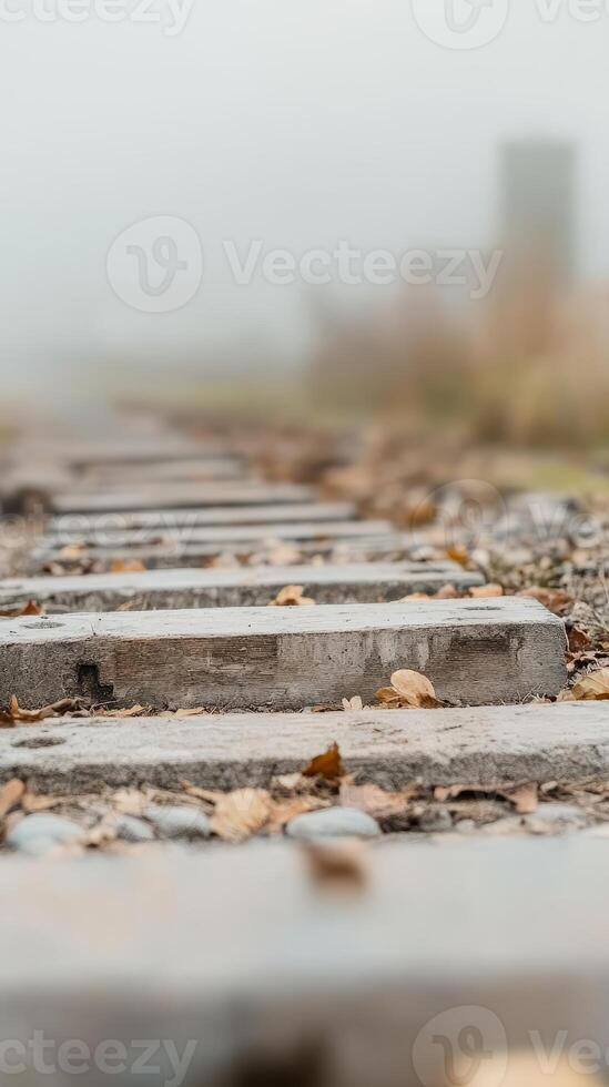 Misty Autumn Railway Concrete Sleepers and Fallen Leaves on a Fog-Enveloped Track, Evoking a Sense of Quiet Journey and Rustic Beauty. photo