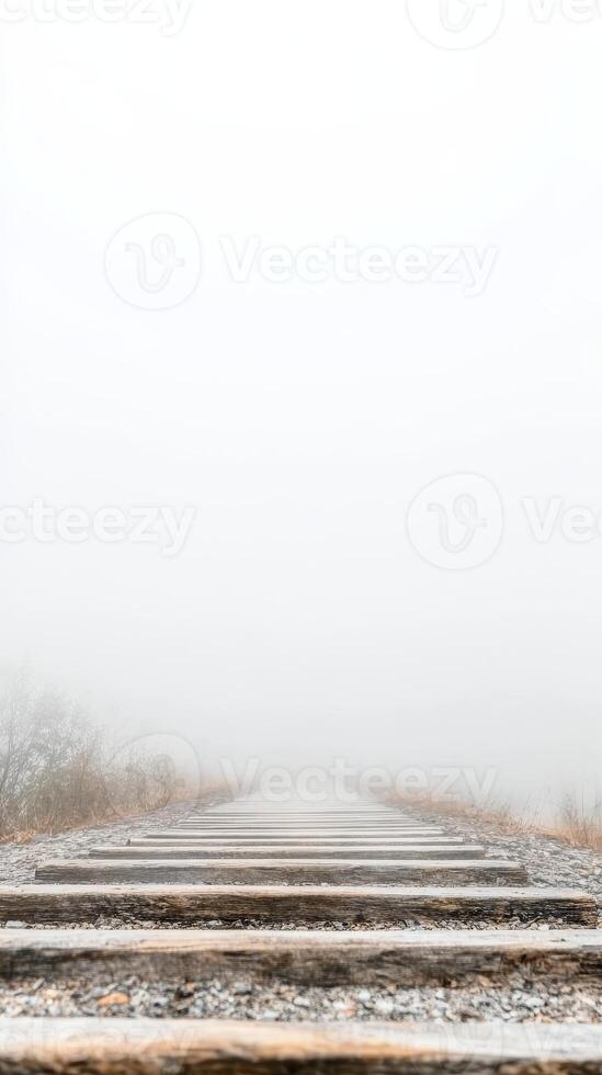 Ethereal Railway Tracks Disappearing into Dense Fog A Mysterious Journey Through a Hazy Landscape, Evoking Solitude and Infinite Possibilities photo