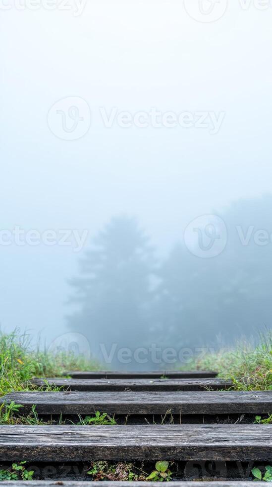 Misty Wooden Pathway Ascending into Foggy Forest Serene Nature Trail with Rustic Steps Amidst Ethereal Haze and Lush Greenery, Evoking Tranquility photo