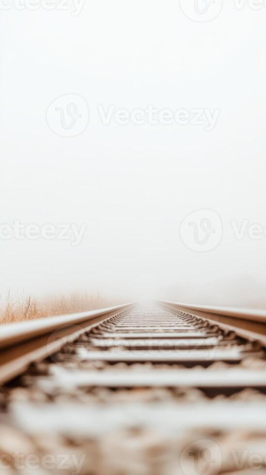 A captivating view of railway tracks disappearing into a dense, atmospheric fog, symbolizing journeys, introspection, and the mysterious path ahead. photo