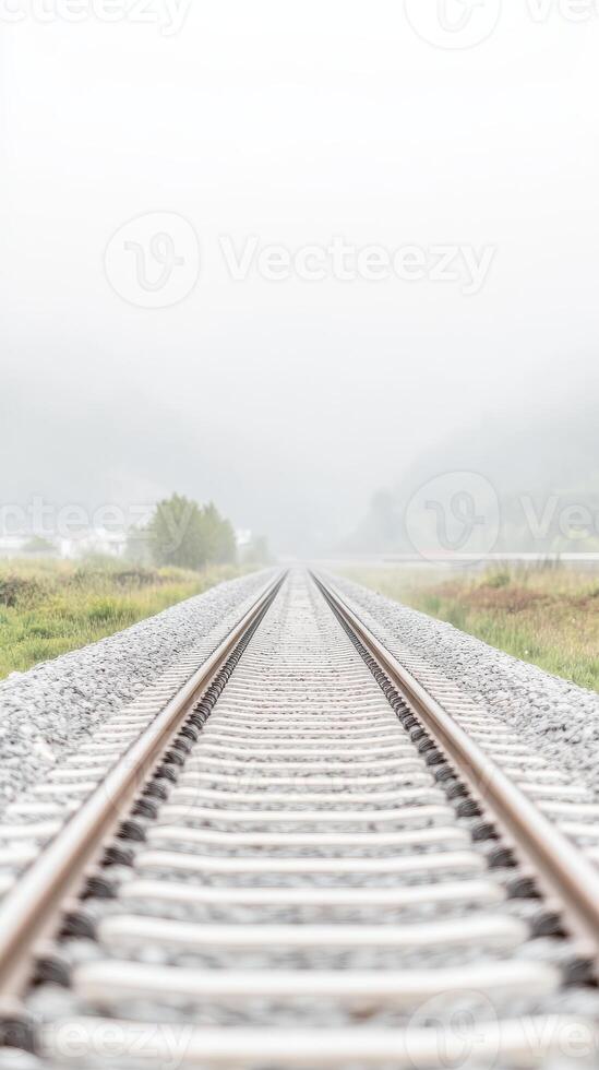Serene Railway Tracks Disappearing into the Enveloping Mist, a Poetic Vision of Infinite Journeys and Tranquil Landscapes on a Foggy Morning photo