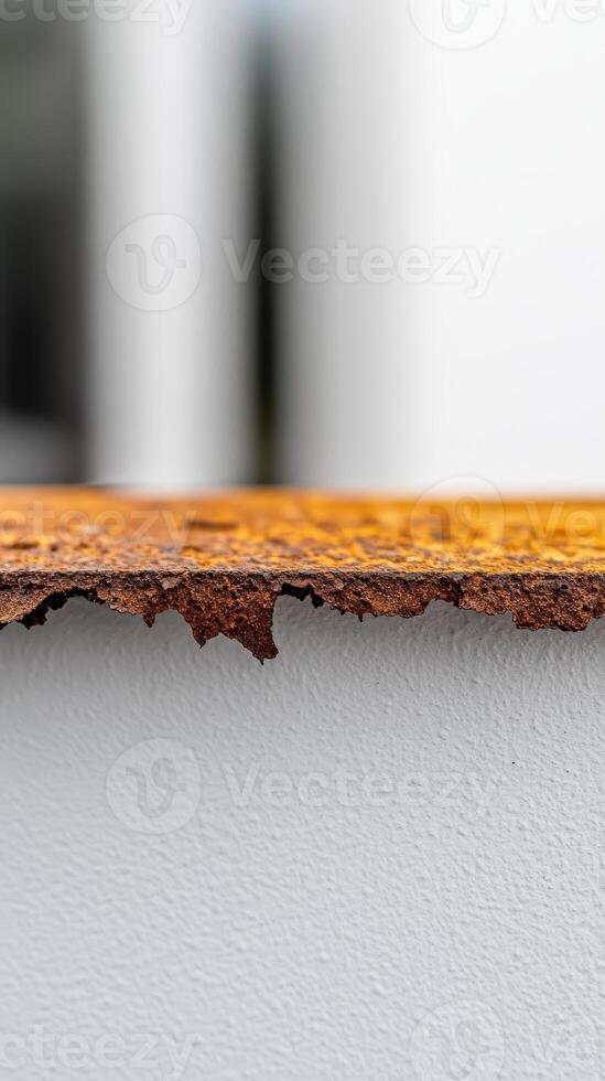 Close-up of vibrant rust on aged metal, revealing intricate textures and the beauty of decay. An abstract industrial surface with rich earthy tones and contrasting white. photo
