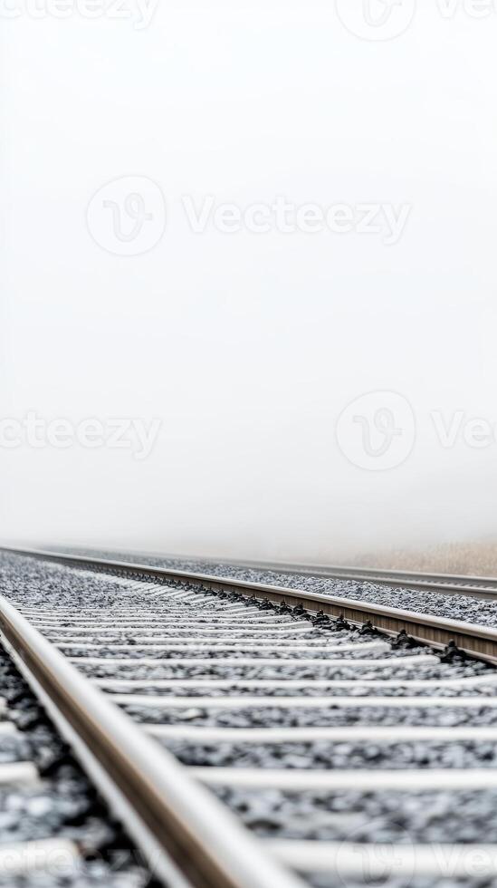 Ethereal Railway Tracks Vanishing into a Dense Foggy Horizon, a Serene and Mysterious Path Leading into the Unknown Distance photo