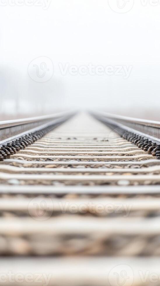 Misty Morning Railway A Vanishing Perspective of Train Tracks Leading into a Serene Foggy Landscape, Evoking Quiet Contemplation photo