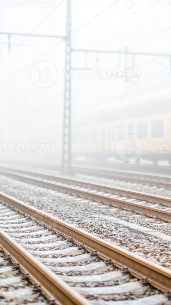 Enigmatic Train Tracks Disappearing into Dense Fog A Moody Railway Scene on a Hazy Morning Journey, Evoking Solitude and Mystery photo