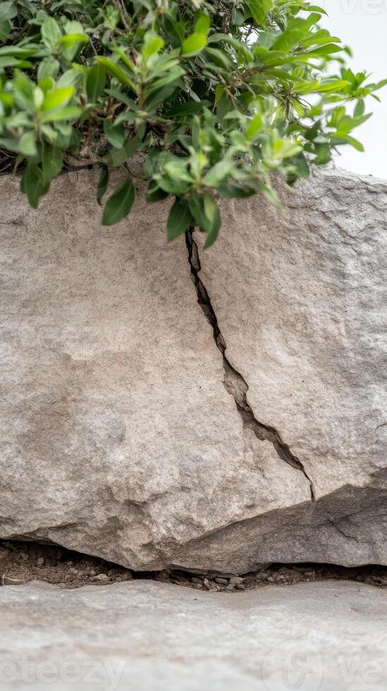 Vibrant green foliage bursts from a deep crack in a weathered stone, a powerful testament to nature's enduring resilience and the persistent force of life. photo