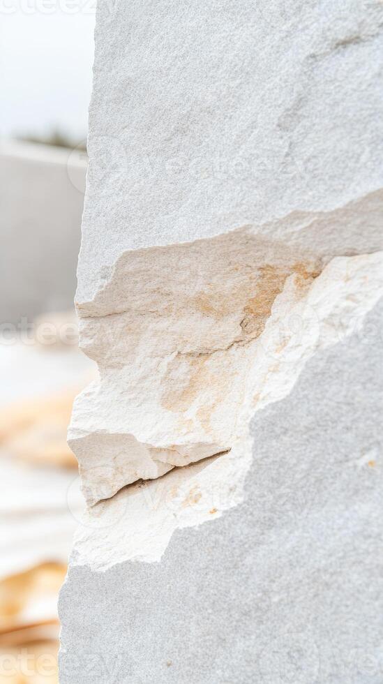 Close-up of Raw Stone Block Texture Natural Grey and Beige Rock Surface with Cracks, Ideal for Industrial Backgrounds and Construction Materials photo