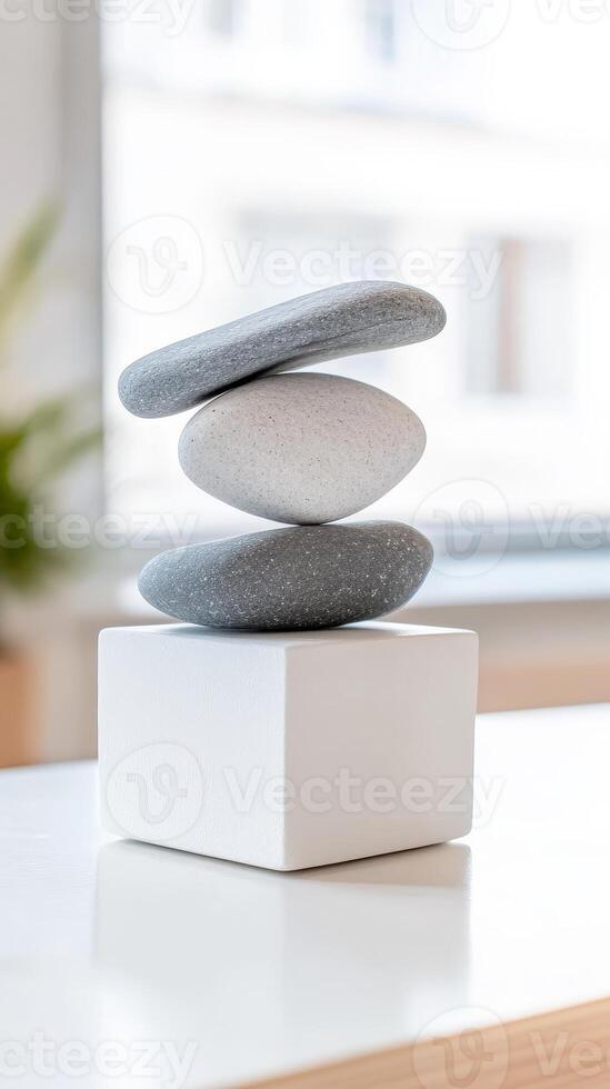 Serene Stone Balance A Zen Stack of Grey and White Pebbles Symbolizing Inner Peace and Tranquility in a Minimalist Indoor Setting. photo